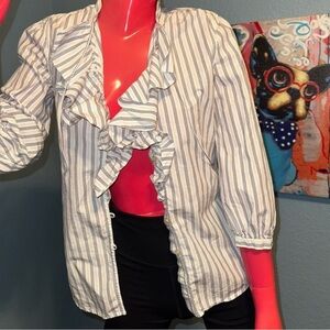 Ralph Lauren Blue and White Ruffled 3/4 Sleeve Blouse